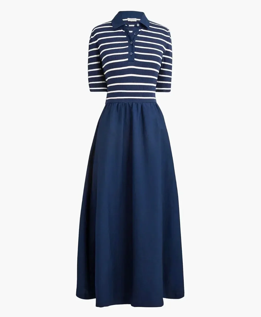 J. Crew Navy Striped Collared Navy A-Line Nautical NWT Midi Dress Pockets MP